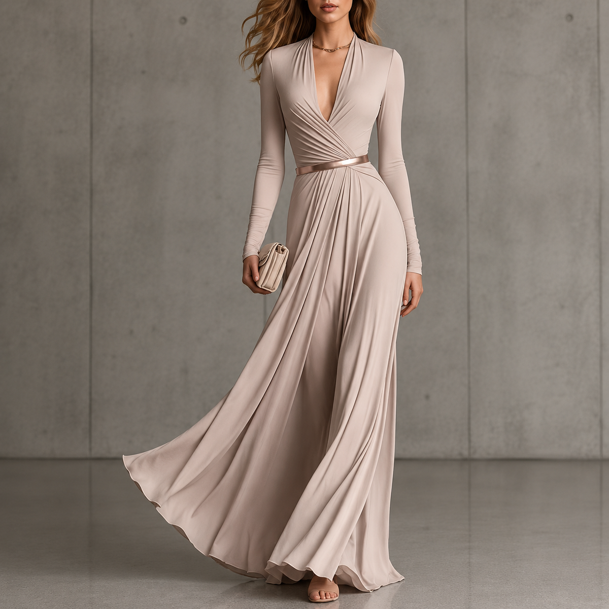 Marguerite | Deep V-Neck Long Sleeve Maxi Dress