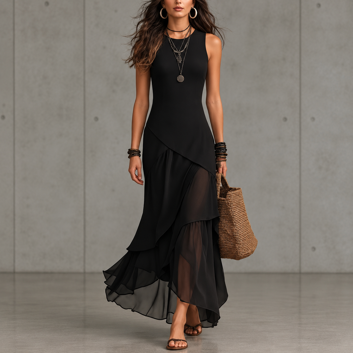 Evangelina | Black Ruffle Layered Dress